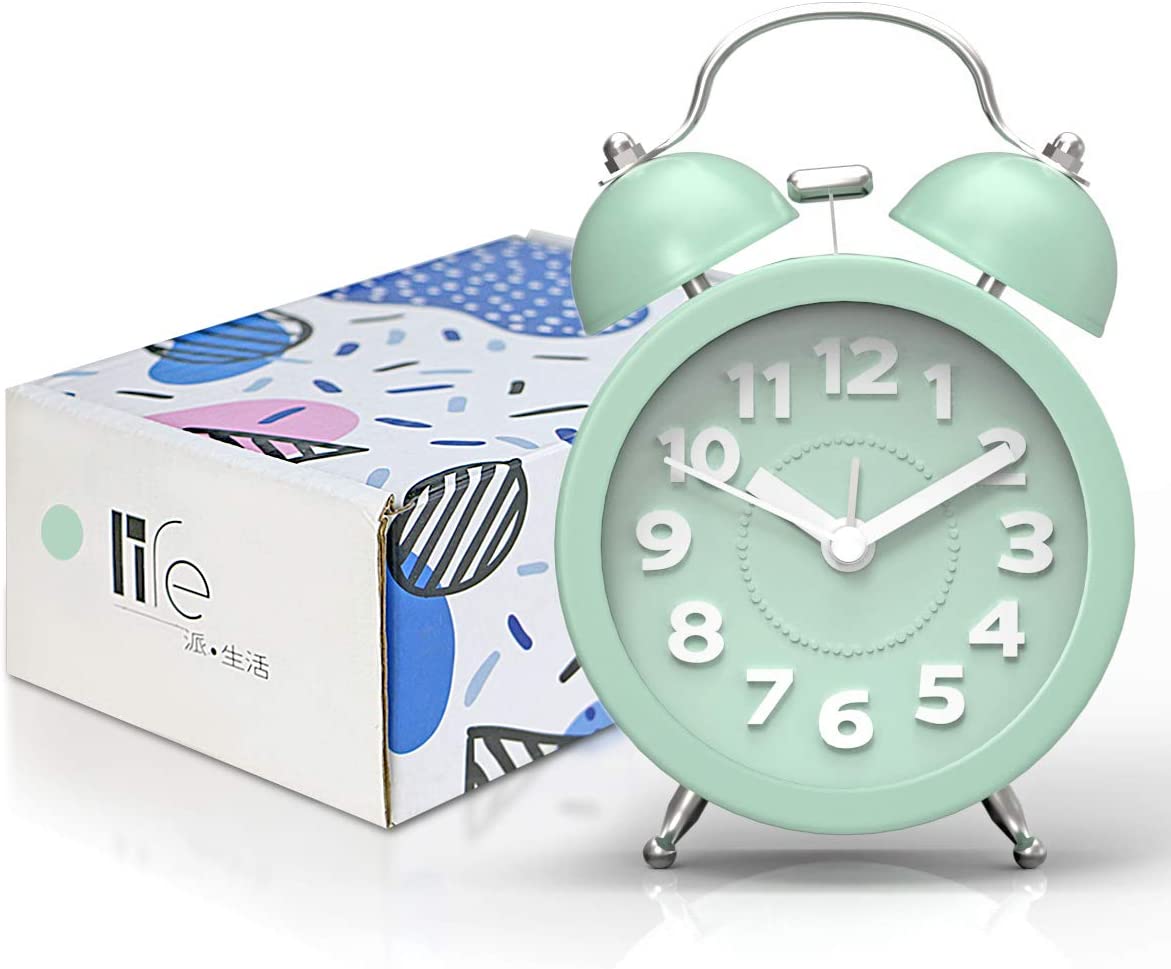 Light Green PILIFE 3” Small Twin Bell Alarm Clock,Cute with Backlight and Loud Alarm to Wake You Up,Silent Working Perfect for Bedroom and Work